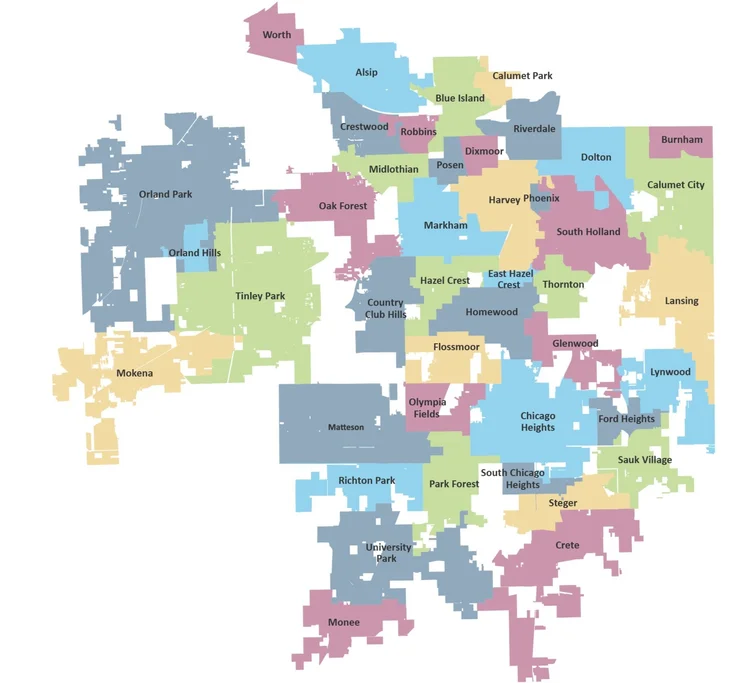 Map of the Chicago Southland region served by Bear Down, including 45 municipalities