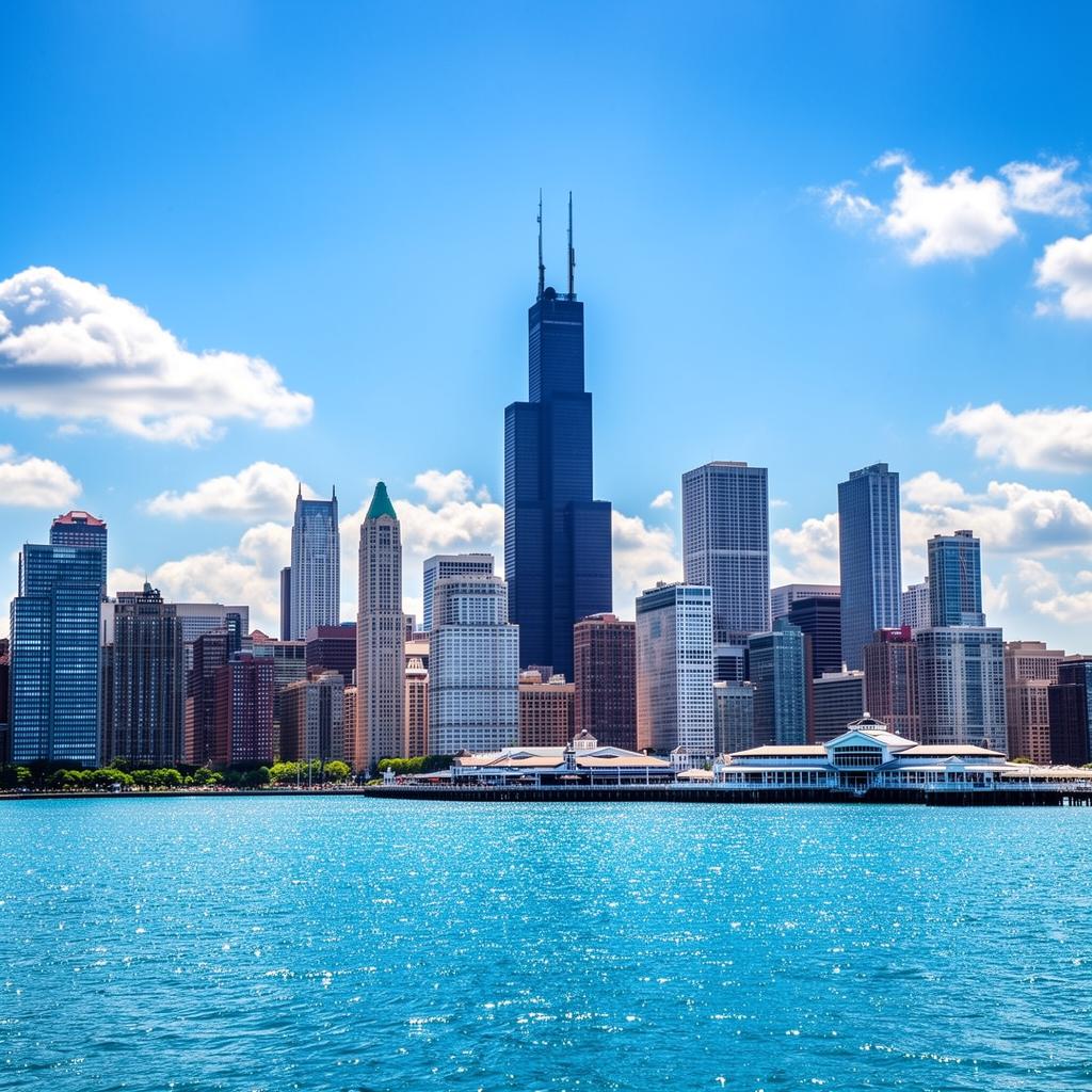 Chicago skyline viewed across the lake in daylight